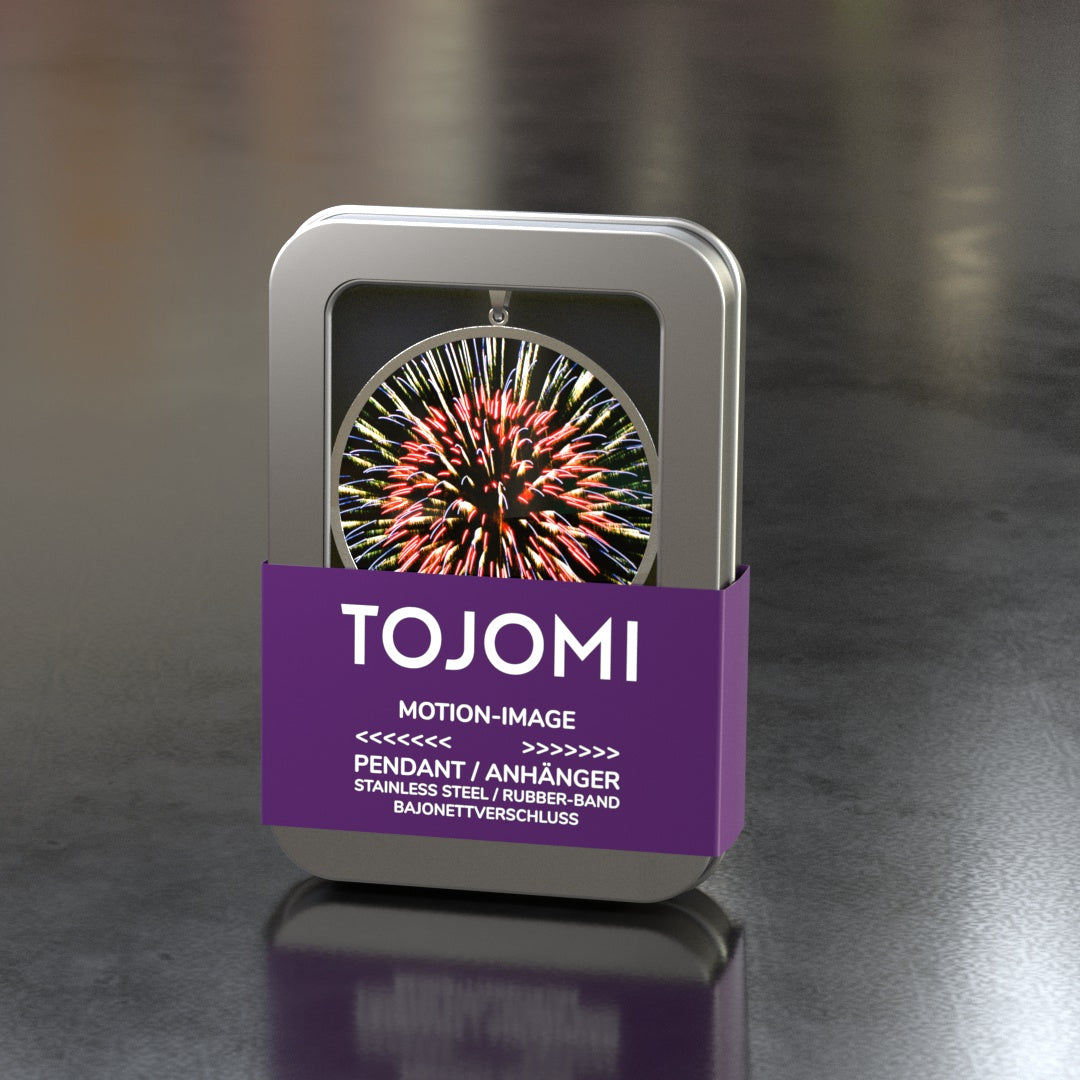 Anhänger in Edelstahl mit einem Durchmesser von 43mm aussen und 40mm innen und einer 3D/Motion-Einlage mit 40mm Durchmesser. Ein Kautschuk-Band mit Bajonett-Verschluss in Edelstahl wird mitgeliefert. Der Anhänger kommt in einer Metalldose mit Sichtfenster.