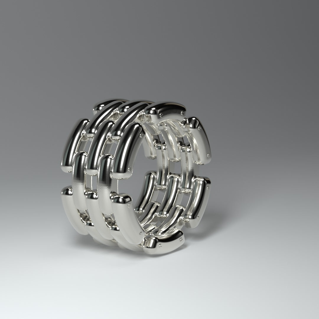 925 Sterling Silver Ring hochglanz in form einer Gliederkette mit 5 Reihen seitl. stehend.