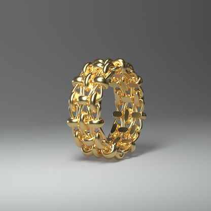 14 Karat Goldring mit Flechtmuster in seitlich stehender Ansicht.