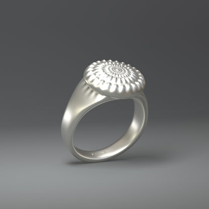 Silberner Siegelring in silber glanz oder silber hochglanz mit stilisierter Sonne.