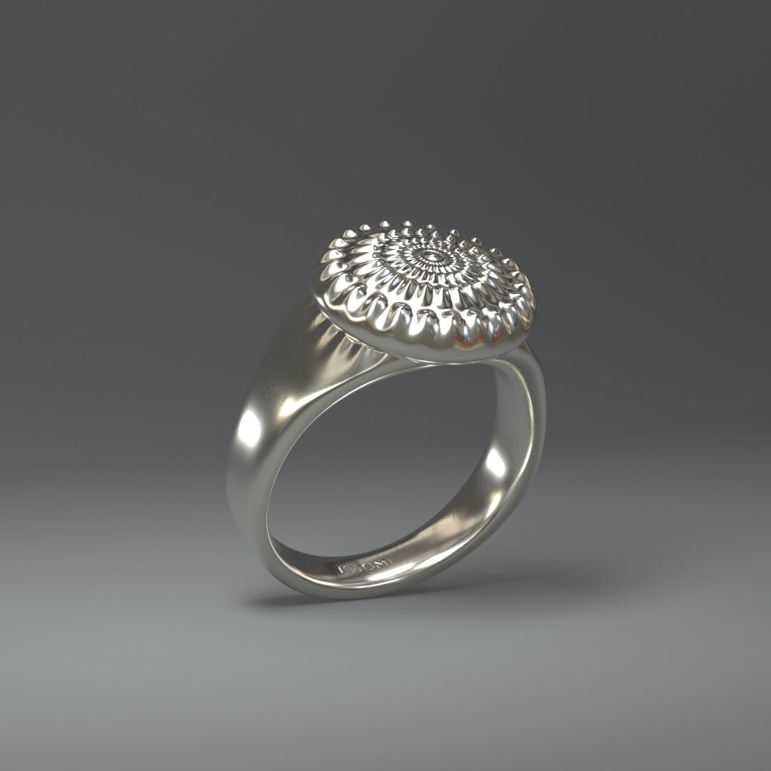 Silberner Siegelring in silber glanz oder silber hochglanz mit stilisierter Sonne.
