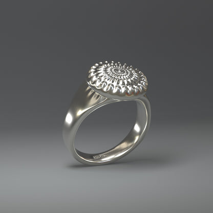 Silberner Siegelring in silber glanz oder silber hochglanz mit stilisierter Sonne.